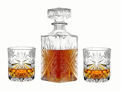 KNC Whiskey Decanter Set, Elegant Liquor Carafe with Ornate Solid Glass Stopper and 2 Matching Whisky Tumblers–Scotch, Liquor, Whisky, Bourbon, Gin, Rum, Tequila, Vodka and Brandy (Sun Wiskey Bottle)