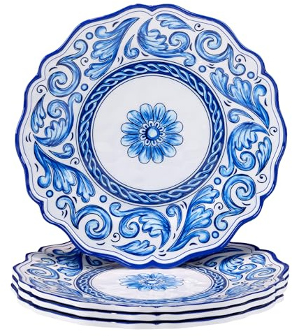 Veranda 11-Inch Melamine Dinner Plates, Set of 4 – Elegant Blue and White Floral Scroll Design – Durable, Lightweight, Dishwasher Safe Plates for Everyday Dining or Outdoor Entertaining