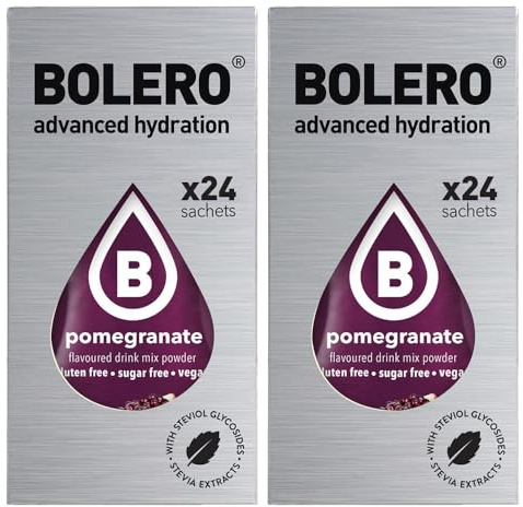 Set Bolero Drink da 48 Bustine 3 grammi Pomegranate (melograno) 3 gr Gusti Diversi alla Frutta Preparato Polvere Solubile Bevanda Fresca in Acqua,144 grammi dolcificato stevia,0.14 kg