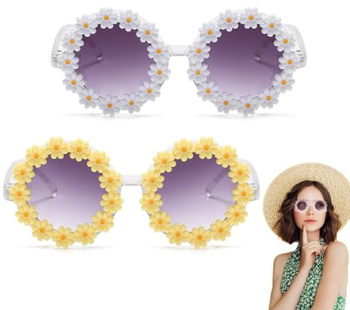 Gafas de Sol Margarita, 2 pares Gafas Divertidas, Gafas de Flores de Fiesta para Niños, gafas hippie para mujer, Anteojos de Sol de Margarita, para fiesta, carnaval, blanco amarillo