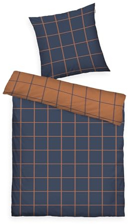 TOM TAILOR Flannel Bed Linen, 80 x 80 cm + 155 x 220 cm, 100% Cotton/Flannel, with Reversible Motif and Coloured Brand Zip, Large Check Blue, Brown (Dark Navy & Rusty Red)