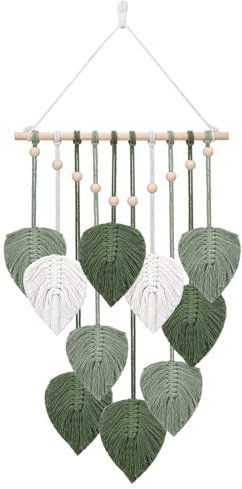 Peevisap Makramee Wandbehang, Wanddeko Schlafzimmer, Deko Grün, Makramee Deko, Kinderzimmer Deko, Blatt Feder Wanddeko, Grün und Weiß, Geeignet für Schlafzimmer, Wohnzimmer, Kinderzimmer, Büro