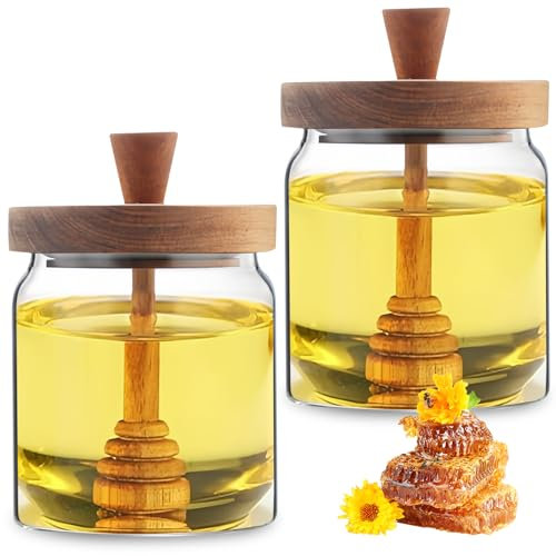 WANDGU Dispensador de miel de 2 unidades: tarro de miel de cristal de 450 ml con cuchara y tapa, recipiente para miel, tarro de miel, recipiente de vidrio sellado, juego de varillas de miel para