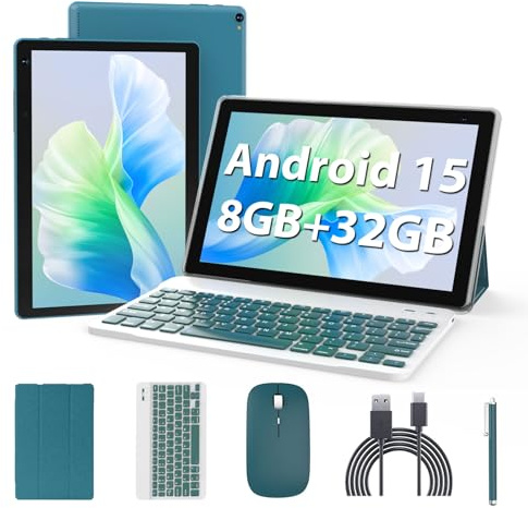 Android 15 Tablet 10 Zoll, 2 in 1 Tablets mit Tastaturhülle Maus Stylus, 6GB RAM 32GB ROM 1TB Erweiterung, Quad Core Prozessor Tablet, WiFi, BT, 1280x800 HD Bildschirm, 6000mAh, Dual Kamera, GMS