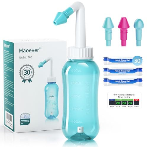 Juego de ducha nasal, jarra para limpieza nasal y lavado nasal, sin BPA, 300 ml, con 30 paquetes de sal y termómetro adhesivo (verde claro)