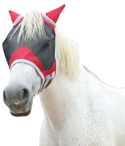 Leberna Horse Fly Mask with Ears(Red, Cob) | UV Protection Mesh Fly Mask for Horses Large 3D Eye Space with Soft Fleece Trim Adjustable Straps