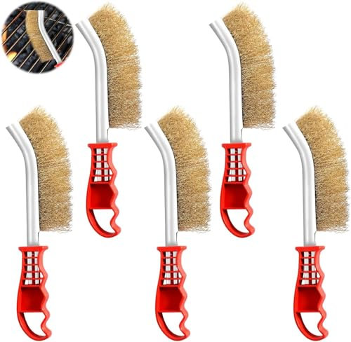 5 Stück Messingbürste Grill Set, Handdrahtbürste mit Gebogenem Kunststoffgriff - Für Rost, Schweißschlacken & Hartnäckiges Fett - Ideal für Grillrost, Gusseisen, Metallteile & Enge Stellen (240 mm)