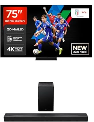 TCL Bundle of 75Q7C 75” QLED TV 4K QD-Mini LED, HDR Premium 2000 Soundbar Q65H 5.1 con tecnologie Dolby Atmos e Ray Funziona con Apple Airplay - HDMI eARC 2.1 e passthrough HDMI - Bluetooth 5.3