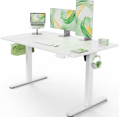 Marsail Electric Standing Desk with USB-A Charging Port, 140 x 80 cm Height Adjustable Sit Stand Desk with 4 Custom Height Settings, 80kg Max Load, Stable Lifting, Storage Hooks, and Cable Management