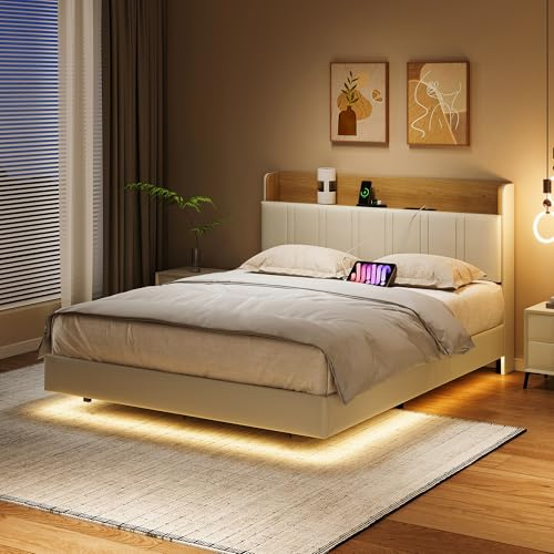 BSMGSGN Letto Sospeso Matrimoniale con Contenitore 140x200 cm, Struttura Letto Matrimoniale, Giroletto con Illuminazione a LED, Struttura letto Sospesa con Rete a Doghe, Bianco, Senza Materasso