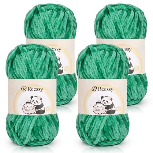 Reessy Chenille Yarn 400g, Super Soft Chunky Wool for Knitting-Emerald-Green