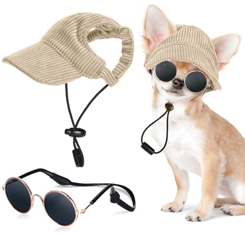 Jadive Cappello da Baseball per Cani con Fori per le Orecchie Occhiali da Sole per Gatti Cani con Silicone Antiscivolo Cappello Parasole Regolabile per Cuccioli(Cachi,XS)