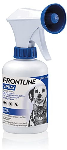 FRONTLINE Spray 250 ml, Antiparassitario per Cani e Gatti e Cuccioli dal Secondo Giorno di Vita, a Lunga Durata, Elimina e Protegge da Zecche, Pulci e Pidocchi