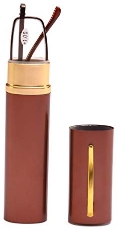 USOOLALA Unisex Compact Premium Reading Glasses Slim Reader w/Pen Clip Tube Case, Brown, 3.5