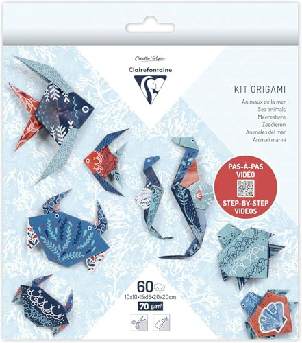Clairefontaine 95367C – Kit de 60 hojas de papel origami 70 g/m², 3 formatos: 10 x 10 cm, 15 x 15 cm, 20 x 20 cm + paso a paso, 4 modelos diferentes, con 5 ilustraciones diferentes, Fauna Marina