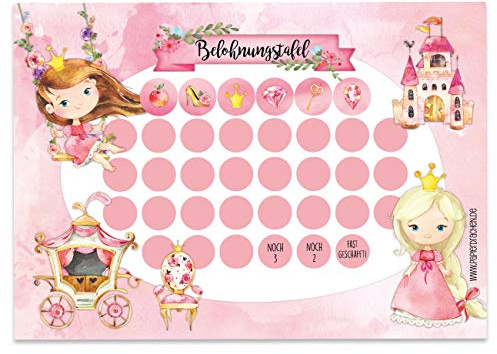 Papierdrachen Juego de pizarra de recompensas para niños como bloc de 10 hojas – Concepto motivador como ayuda educativa – con fantásticas pegatinas para niños y niñas – diseño princesa Set 19