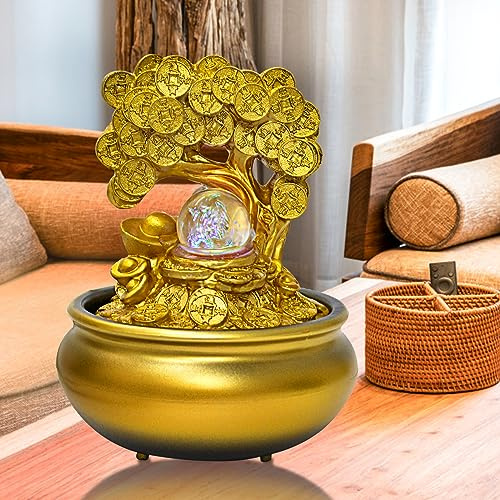 Gold Money Tree Feng Shui Desktop Water Fountain Waterfall Decoration with LED Light Portable Tabletop Decorative Zen Meditation Waterfall for Office Living Room Craft