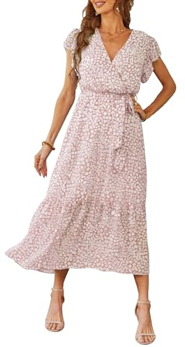 PRETTYGARDEN Women's Summer Floral Boho Dress Wrap V Neck Short Sleeve Ruffle A-Line Flowy Maxi Wedding Guest Dresses (Pink,Small)