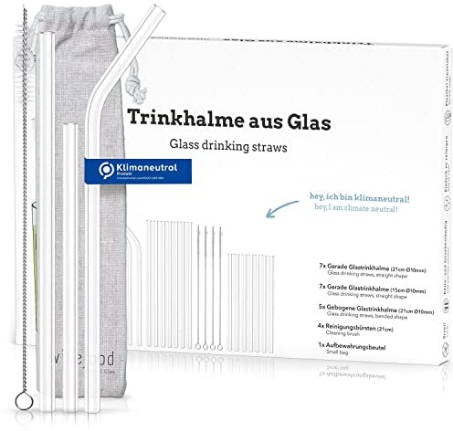 Wisefood Glas Strohhalme - Glas-Trinkhalm Set - Wiederverwendbare Glashalme - 7x lang 7x kurz 5x gebogen 4x Reinigungsbürsten - Nachhaltige und plastikfreie Mehrweg Trinkhalme mit Aufbewahrungsbeutel