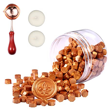 Comealltime Lot de 248 perles de cire à cacheter octogonales avec 2 bougies chauffe-plat et 1 cuillère à fondre, vernis à cacheter pour sceau de cire, or roi