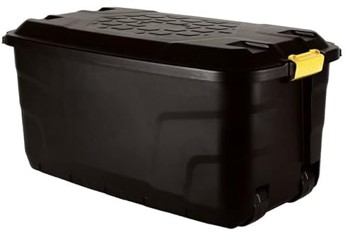 Samuel ALEXANDER 75L Heavy Duty Trunk on Wheels Sturdy, Lockable, Stackable and Nestable Design Storage Chest with Clips in Black