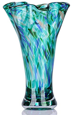 9.0 H Teal Glass Vases for Flowers, Unique Hand Blown Glass Vase Green Home Decor, Wide Mouth Colorful Flower Vase Centerpieces, for Living Room Table Bookshelf, Bathroom Office Shelf Decorative