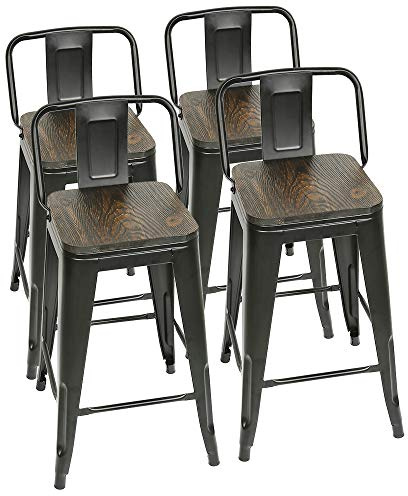WANZHE Lot de 4 Tabourets de Bar Industriel avec Dossier Repose-Pied,Tabouret Bar Tabourets Haut Empilable,métal Panneaux Multicouches Imitation Bois Clair,avec Dossier(4pcs-84 * 42 * 42cm)