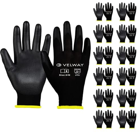 Velway 12 Paar Arbeitshandschuhe Mechaniker Handschuhe - Größe 8 Leichte Damen Gartenhandschuhe Rutschfeste mit PU-Beschichtete Herren Montagehandschuhe Atmungsaktive Handschuhe EN388 - Schwarz
