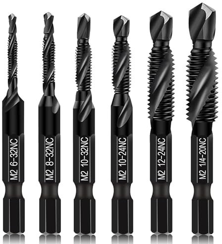 Upgraded 6-Pack Combination Drill & Taps Bit Set SAE - 6542 M2 HSS Steel with Anti-Rust Black Coating, 6-32NC 8-32NC 10-32NC 10-24NC 12-24NC 1/4-20NC Drill Tap Countersink Bits, 1/4” Hex Shank