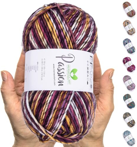 MeriWoolArt® Merino Wolle zum Stricken – 200 m Mehrfarbige Dicke Merinowolle – Weiche Wolle zum Häkeln und Armstricken für Pullover, Schals, Decken, Tücher, DIY Strickprojekte