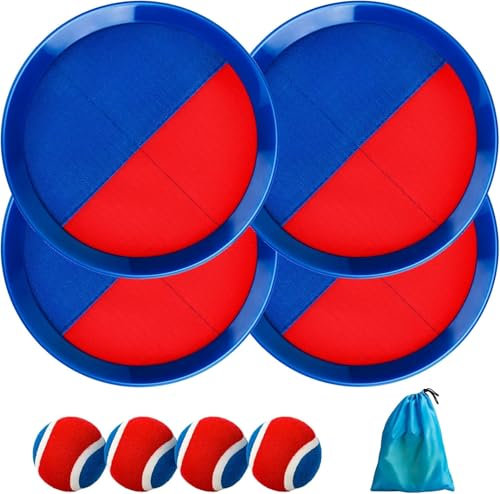 U&C Planet Klettballspiel Wurfspiel Wasserdicht Ball Kinder 3-12 Jahre alt 2er Set Strandbälle 4 Paddel & 4 Bälle mit 1 Aufbewahrungstasche Toss und Catch Ball Familie Outdoor Spiele, blau und rot