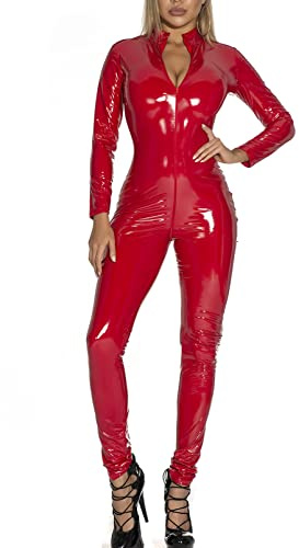 FEOYA Women's Erotic Cosplay Clothing One-Piece Long Sleeve Jumpsuit Sexy Zipper Catsuit Tight PVC Leather Red 3XL