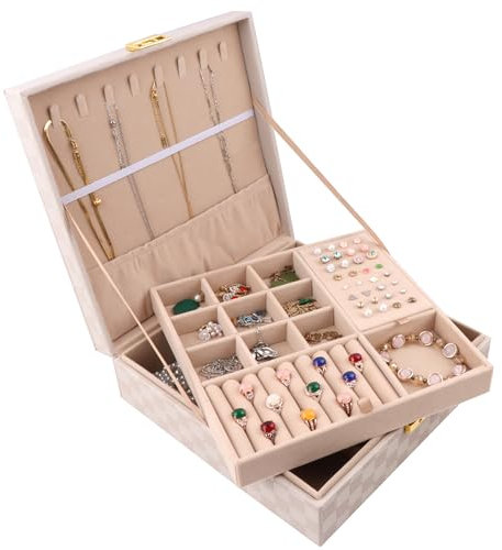 Homeanda Grande portagioie da donna a 2 strati con chiave, organizer per gioielli in pelle PU per anelli, orecchini, collane, bracciali, orologi (bianco)