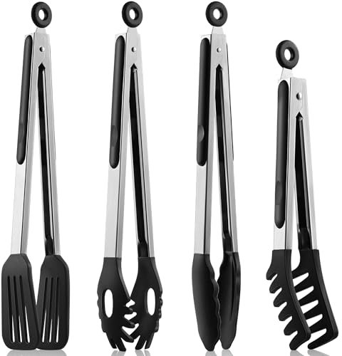 4 Stück Küchenzange, 22,9cm und 30,5cm Kochzange 315℃ Hitzebeständige Grillzange Spaghettizange Nudelzange Edelstahl und Silikon Zange Küche, für Kochen, Grillen, Spaghetti, Salat (4 Stück)