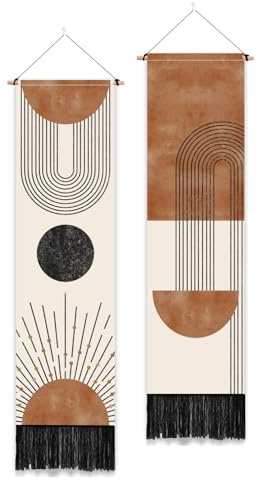 PLIGREAT Confezione da 2 arazzi bohémien, nappa geometrica, per parete, camera da letto, soggiorno, bagno, lungo e stretto, decorazione artistica
