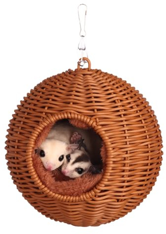 Small Animal Hammock, PP Rattan Hiding Place with Removable Cotton nest, Suitable for Hamsters, Guinea Pigs, Rats, Sugar Gliders, Squirrels, Parrots (Brown)