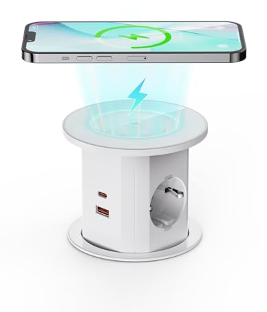 Sänkbart uttag, Airmom 2-vägs flera uttag med 2 PD 20 W USB-C, 2 USB-A, bordsuttag med 15 W trådlös laddning, infällbart inbyggt uttag för bänkskiva, kök och kontor, D 80 mm vit