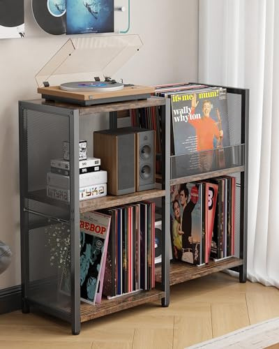 Ornestia Meuble Platine Vinyle Design, Support pour 200 Albums, 3 Niveaux Métal Étagère de Rangement Disques pour Salon, Noir