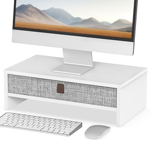Fenge Supporto per Monitor con Cassetto, 42.5cm Rialzo Monitor da Scrivania, Organizzatore desktop per PC / Laptop / Stampante, 42,5 × 23,5 × 14,2 cm, Capacità di Carico 20KG (Bianco)