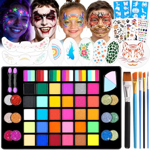 Janolia Pintacaras Infantil, 48 Colores Pintura Cara Niños, Pinturas Cara para Niños Lavables, Set de Pinturas Corporales Pintura Facial Infantil para Halloween Pascua Carnaval Navidad Cosplay Fiesta