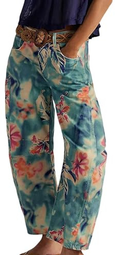 Generisch Pantalones vaqueros holgados con estampado vaquero para mujer, pierna ancha, pantalones de chándal de patchwork, pantalones vaqueros anchos para mujer, azul, XL