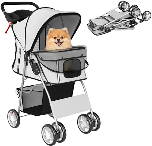 PawHut Pet Stroller for Small Dogs Cats Foldable Travel Carriage with Wheels Zipper Entry Cup Holder Storage Basket Grey