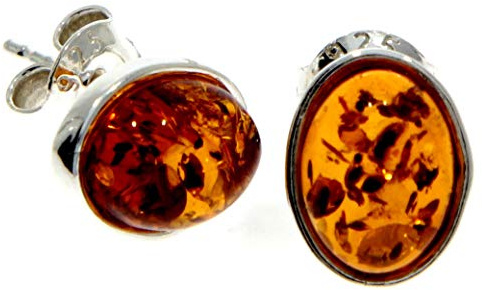 Boucles d'oreilles ovales en argent sterling 925 avec ambre de la Baltique Cognac M637C, 2x8x6 mm, 1.0x0.8 cm, Pierre, Ambre