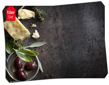 Tischsets | Platzsets - Parmesan, Kräuter und Oliven - 12 Stück in hochwertiger Aufbewahrungsmappe - Die besondere Tischdekoration für einen schönen italienischen Abend