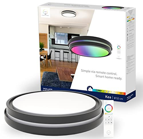 tint Smarte LED-Deckenleuchte KEA – Steuerbar per Alexa oder Fernbedienung – Dimmbare Beleuchtung mit weißem (1800-6500 K), farbigem RGB und indirektem Licht, 22 W – Ø 52 cm