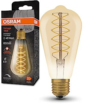 OSRAM Vintage 1906 LED-Lampe mit Gold-Tönung, 7W, 600lm, Edison-Form mit 64mm Durchmesser & E27-Sockel, warmweiße Lichtfarbe, spiralförmiges Filament, dimmbar, bis zu 15.000 Stunden Lebensdauer