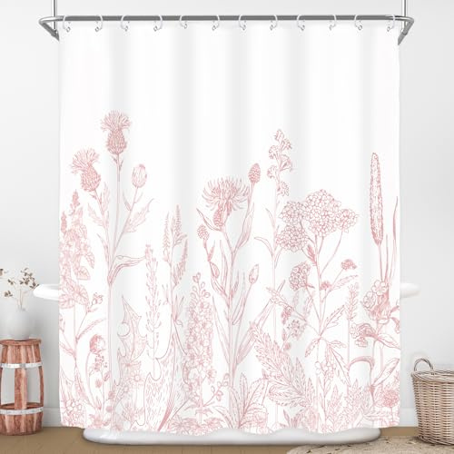 Riyidecor Pink Floral Wildflower Shower Curtain for Bathroom Decor 60Wx72H Girls Rustic Flower Botanical Farm Plant Leaves Herbs Nature Art Printed Fabric Polyester Waterproof 12 Pack Plastic Hooks