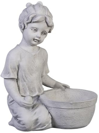 gartendekoparadies.de Mädchen mit Pflanzschale, Pflanzgefäß aus Steinguss, H. 35 cm, 0,5 Liter, 8 kg, Grau, frostsicher für Außenbereich