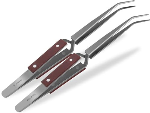 2 Kreuzpinzetten Set 2 Teilig Pinzette Gebogen Gezahnt und Abgewinkelt Glatt Feinmechaniker Lötpinzette Technische-Pinzette Isolierende Hartfaser Griffe - Edelstahl Markenqualität für Modellbau