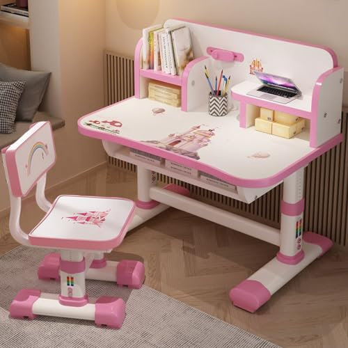 yulewiix Juego de mesa de estudio y silla para niños, altura ajustable, mesa de estudio infantil, juego de sillas con dibujos animados, gran escritorio, estantería, biblioteca, para escuela, color
